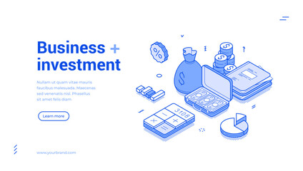 Fototapete - Business investment financial banking support savings isometric web banner vector illustration. Making money finance growth commercial bank economy efficiency productivity landing page