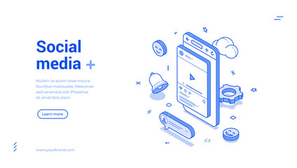 Fototapete - Social media video blog vlog influencer network community web banner isometric vector illustration. Multimedia content cyberspace entertainment comment subscribe follow blogging vlogging videoblog