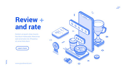 Fototapete - Review rate customer feedback experience rating smartphone app web banner isometric vector illustration. Clients choosing satisfaction leaving reviews best choice evaluation service quality opinion