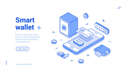 Fototapete - Smart digital wallet online banking financial smartphone application web banner isometric vector illustration. Mobile phone budget balance money management shopping payment internet app