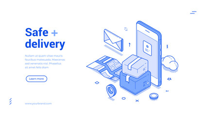 Fototapete - Safe delivery post parcel online shopping smartphone app web banner isometric vector illustration. Express shipping marketplace shop store courier cargo protection logistic mobile application