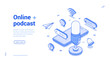 © provectors - Online podcast radio show social media network mobile app web banner isometric vector illustration. Internet multimedia sound audio content live broadcasting music performance streaming landing page