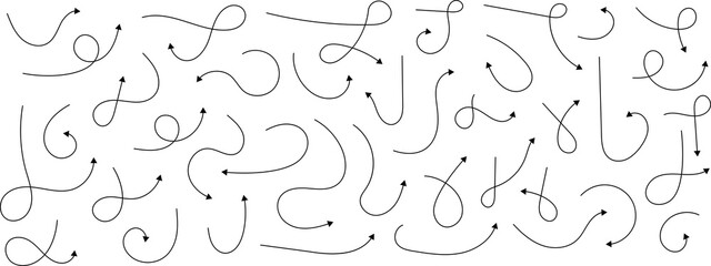 Poster - Hand drawn arrows. Hand drawn freehand different curved lines, swirls arrows. Curved arrow line. Doodle, sketch style.