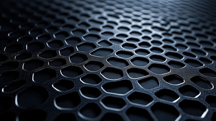 Close up of a black metal surface with a lot of holes. The holes are of various sizes and are scattered all over the surface. The surface appears to be made of a material that is not very smooth