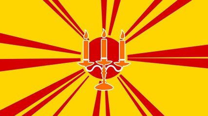 Poster - Candlestick with candles symbol on the background of animation from moving rays of the sun. Large orange symbol increases slightly. Seamless looped 4k animation on yellow background