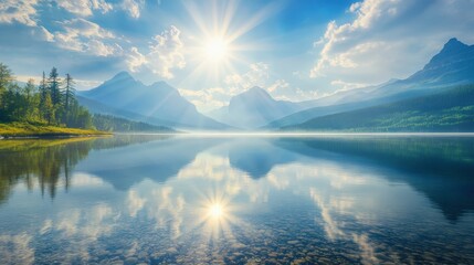 Poster - Playful rays of sunlight dancing on the surface of a crystal-clear lake, creating mesmerizing reflections.