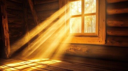 Poster - Rays of warm golden light pouring into a cozy wooden cabin, filling the space with comfort
