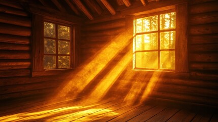Poster - Rays of warm golden light pouring into a cozy wooden cabin, filling the space with comfort