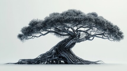 Poster - Show a futuristic biomechanical tree with artificial roots resembling cables, isolated in a sci-fi theme