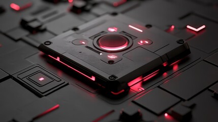 Poster - High-tech square circuit board with glowing red accents