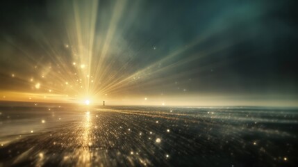 Poster - Soft beams of light radiating from a distant lighthouse, guiding travelers through the night