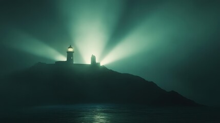Poster - Soft beams of light radiating from a distant lighthouse, guiding travelers through the night