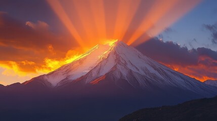 Poster - Spectacular rays of light fanning out from a mountaintop at sunrise, symbolizing new beginnings