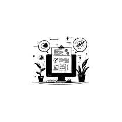 Poster - Conceptual digital workstation with data reports and botanical accents illustration