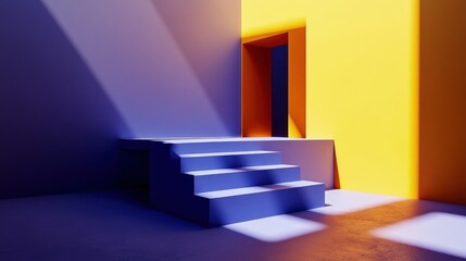 Poster - Abstract minimalist room with purple stairs, yellow wall, and doorway, bathed in sunlight