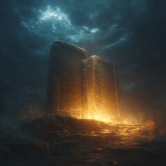 Poster - Ancient Stone Tablets Glowing in the Dark, Mysterious Scripture on Carved Surfaces