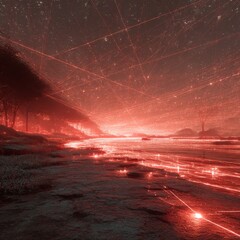 Leinwandbilder - Crimson Starscape:  A surreal riverbank scene bathed in red light, with luminous lines crisscrossing the sky and reflecting on the water.
