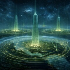 Fototapete - Ethereal Monoliths: Beacons of Light Connecting Earth to the Cosmos in a Futuristic World with Advanced Technology