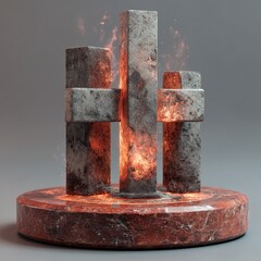 Aufkleber - Geometric Forms Ablaze: A Study in Stone, Fire, and Texture on a Marble Base, Exploring Contrasts and Visual Harmony.
