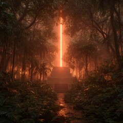 Poster - Lost Civilization: An Ancient Pyramid Shimmers with an Ethereal Light in a Dense, Mysterious Rainforest 