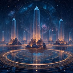 Poster - Mystical Crystal Cityscape with Galactic Background and Golden Rings: An Astral Portal to Another Dimension