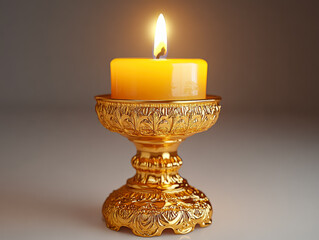 Wall Mural - small, ornate candlestick holds a single, lit candle. the candle is yellow and the candlestick is ma