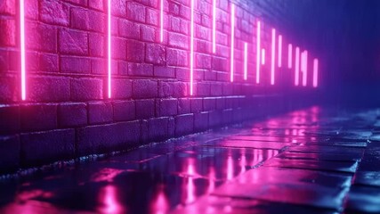 Poster - Glowing neon lights reflecting on wet floor in narrow alley with brick walls, futuristic cyberpunk scene, atmospheric urban background for music video, nightclub or advertisement. 