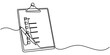 © SREEPOLOK - Clipboard with checklist and pen in one continuous line drawing. To do list with ticks and concept for test expertise and exam in simple linear style. Editable stroke. Doodle vector illustration.