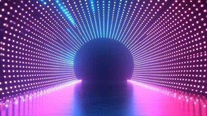 Poster - Neon tunnel with vibrant purple and blue glowing lights in modern futuristic corridor, reflective floor, curved arches, technology-inspired sci-fi environment, empty digital space