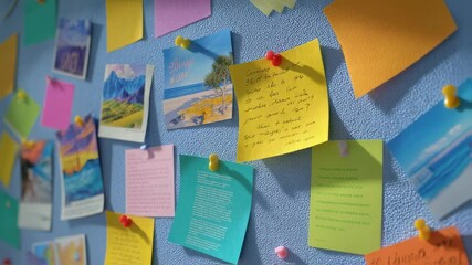 Aufkleber - Colorful sticky notes with handwritten text and various postcards pinned neatly to blue bulletin board, showcasing organizational workspace strategy and creative communication method
