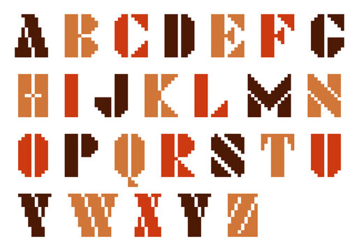 Pixel art A-Z alphabet with a brown and orange background. The letters are outlined in different colors, making them stand out. Scene is cheerful and playful, as the bright colors