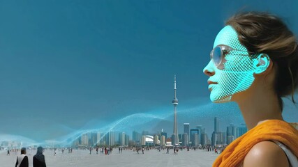 Poster - A man stands at the edge of a vibrant urban landscape featuring skyscrapers. He interacts with futuristic technology, represented by sound waves, while a digital ghostly face appears beside him.