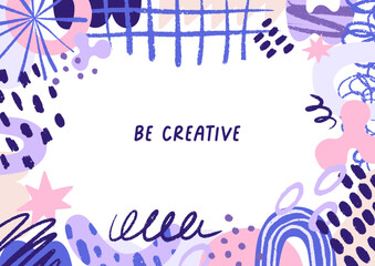 Leinwandbilder - Abstract doodle-style frame design. Modern background with hand-drawn pattern, scribbles, splatters, blobs, creative organic shapes, dots, random elements and strokes. Flat vector illustration