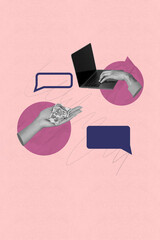 Fototapete - Poster image sketch vertical collage of hand hold laptop dollar banknotes bubble communication speech icon chat dialogue