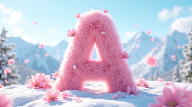 Pink furry letter A in snowy dreamscape with mountains in background ai generated