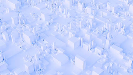 Abstract cityscape with a monochromatic design featuring a vast array of white 3D geometric structures resembling buildings and towers against a seamless backdrop