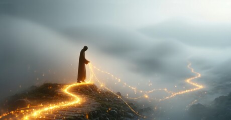 Poster - Lone figure atop hill, glowing path extends into misty landscape. Dramatic lighting creates ethereal mood. Serene, mysterious scene.