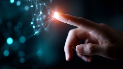 Poster - Hand reaching out to touch glowing digital connections in a dark environment, illustrating technology and innovation