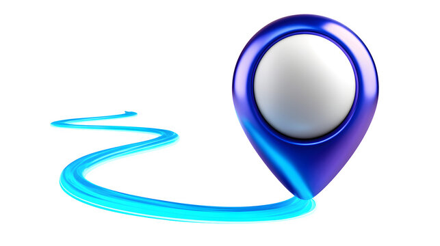 3D rendered location marker with glowing blue tip and path line, side angle, transparent background
