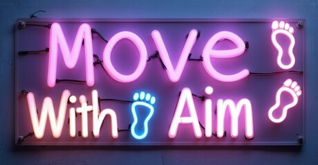 Poster - Bright neon sign displays motivational phrase. Pink, blue lights illuminate words Move With Aim plus footprints. Simple, modern design.