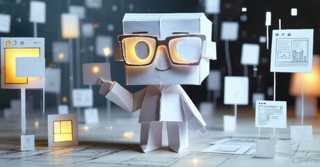 Poster - Paper figure wearing glasses presents data screens. Minimalist design, soft lighting, abstract background creates modern feel.