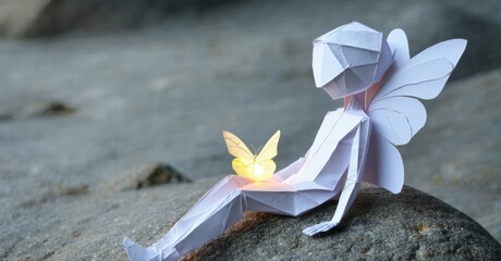 Aufkleber - Origami figure sits peacefully. Small butterfly rests near glowing light source. Stone surface provides backdrop. Delicate paper art.