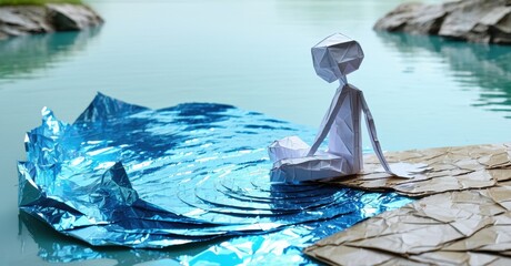 Poster - Origami figure sits near water. Ripples radiate from point of contact. Calm scene evokes serenity, peace. Artistic composition.