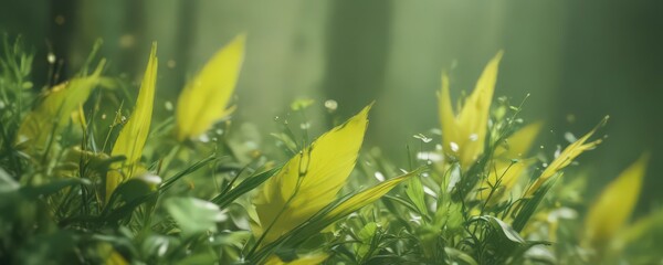 Fototapete - Blurred impressionistic green and yellow shapes, suggesting fresh growth , growth, elegant, brushstrokes