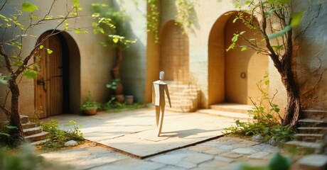 Poster - Miniature courtyard scene. Wooden figure stands amid stone paths, arched doorways, lush greenery. Warm light creates soft shadows.