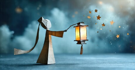Aufkleber - Paper figure holds glowing lantern. Stars drift from light source. Moody blue background creates dreamlike scene. Simple, artistic composition.