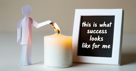 Poster - Paper figure ignites candle. Frame displays success message. Simple composition, symbolic representation, light source present.