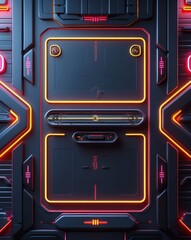 Aufkleber - A close-up view of a futuristic, high-tech door with vibrant neon lights that give a sense of technological advancement and innovation. This image evokes a sense of sci-fi and wonder.