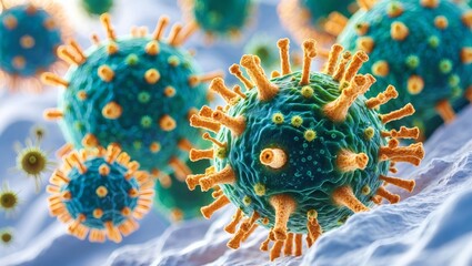 Poster - A close-up image of a virus particle, showcasing its intricate details and vibrant colors, representing the structure of a virus
