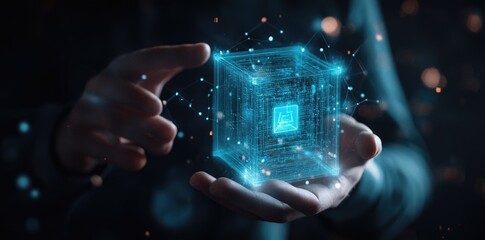 Poster - A person holds a glowing. futuristic cube emitting blue light particles. surrounded by a dark background filled with shimmering digital effects. symbolizing technology and innovation